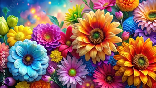 Vibrant and colorful flowers in abstract , floral, vibrant, colorful, abstract, render, blooming, garden, nature