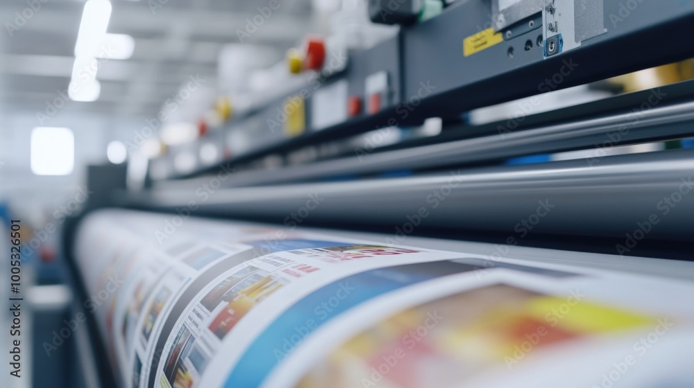 Fototapeta premium Close-up of a modern printing press producing high-quality prints in a busy printing facility.