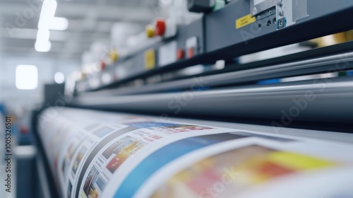 Close-up of a modern printing press producing high-quality prints in a busy printing facility.