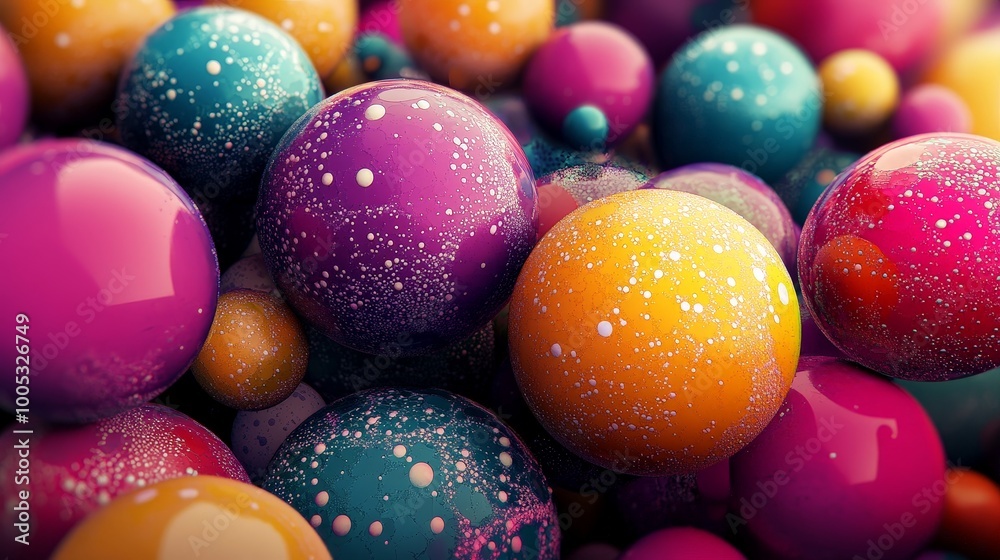 3D render of abstract spheres with a mix of matte and glossy finishes, arranged in a visually captivating and colorful pattern 3D render of abstract spheres with a mix of matte and glossy finishes, arranged in a visually captivating and colorful pattern