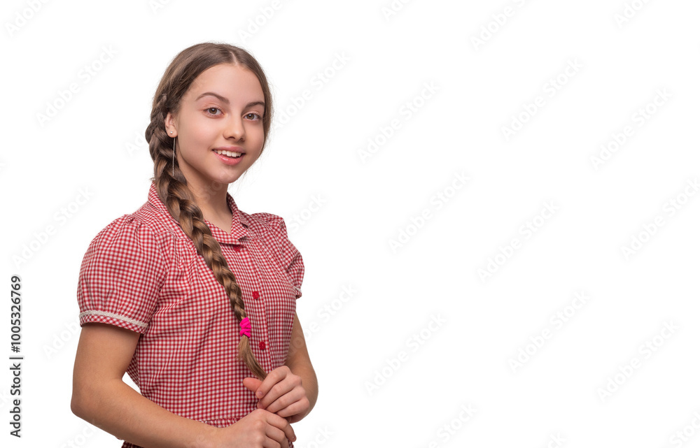 Retro style. Stylish girl has braided hair. Teen fashion style. Style for girl. Beauty and retro fashion. Portrait of retro teen girl isolated on white. Teen girl looking at camera. Advertisement Retro style. Stylish girl has braided hair. Teen fashion style. Style for girl. Beauty and retro fashion. Portrait of retro teen girl isolated on white. Teen girl looking at camera. Advertisement