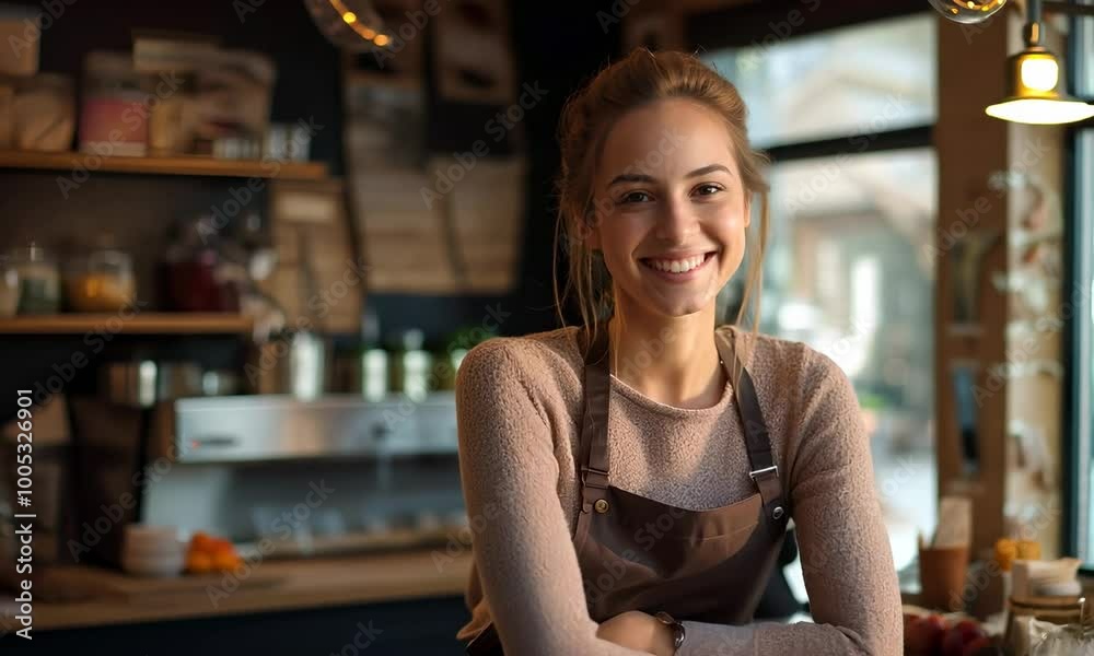 Cute beautiful pretty smiling girl in an apron, barista, cafe worker Cute beautiful pretty smiling girl in an apron, barista, cafe worker