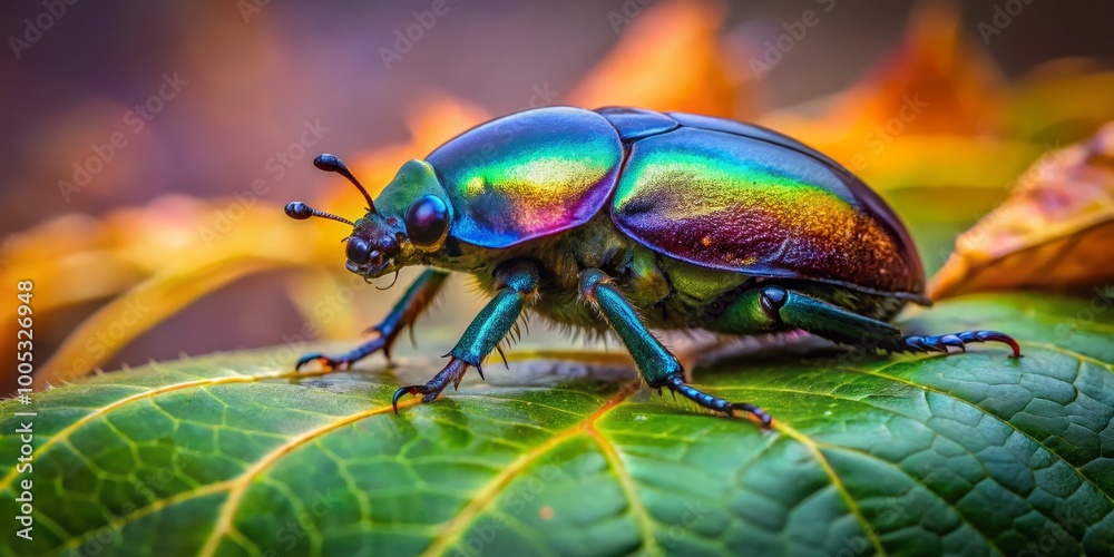 In a rich natural setting, a colorful dung beetle crawls over a leaf, illustrating the captivating world of