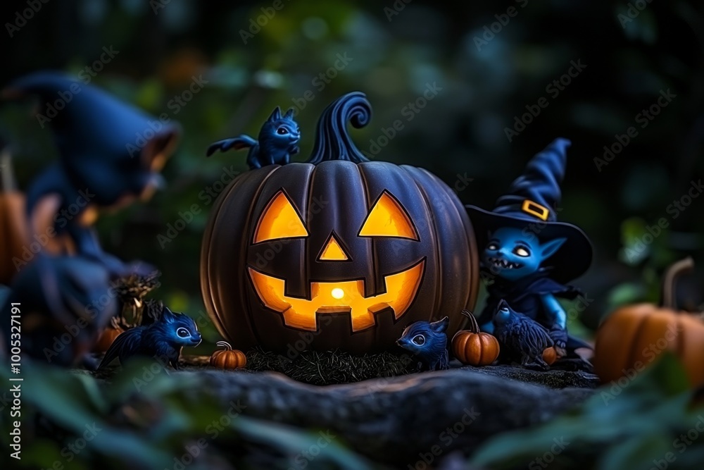 Naklejka premium A glowing enchanted jack-o'-lantern in a mystical Halloween forest, where magical creatures gather around the pumpkin as it casts an eerie light.