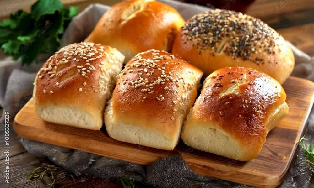 Fresh rolls on a wooden board sprinkled with sesame seeds Fresh rolls on a wooden board sprinkled with sesame seeds