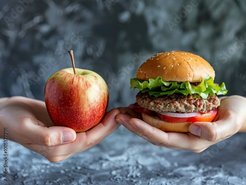 One hand holding apple fruit, other holding hamburger. Healthy natural organic fresh vegetarian food vs unhealthy processed fast junk food meat - ai