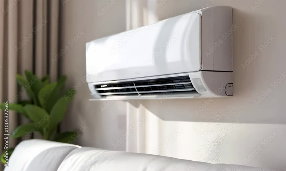The suspended air conditioner on the wall in the house is the embodiment of the concept of natural freshness and coolness