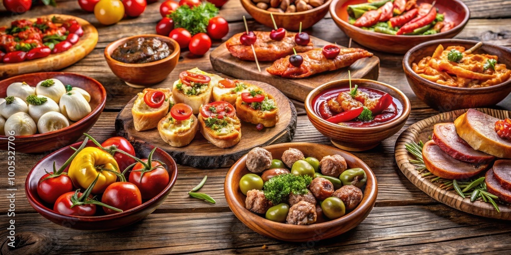 Variety of Spanish tapas on a rustic wooden table, Spanish cuisine, appetizers, small plates, Mediterranean
