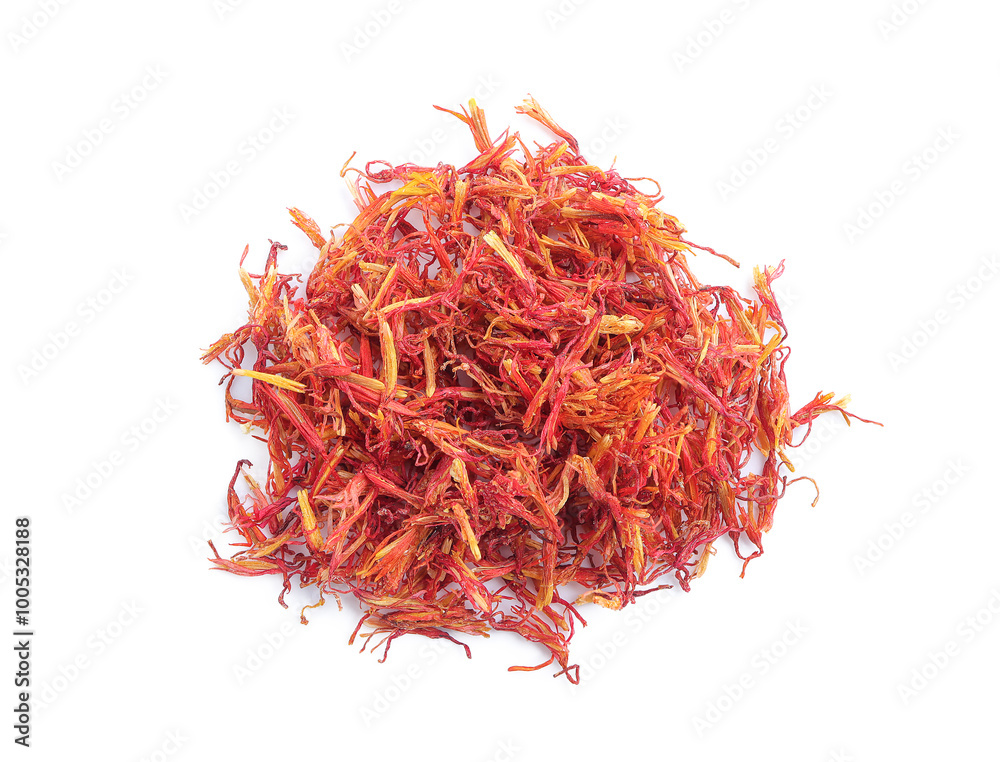 Naklejka premium Healthy Dried safflower petals herb tea on white background. Organic safflower. herbal teas and flower tea