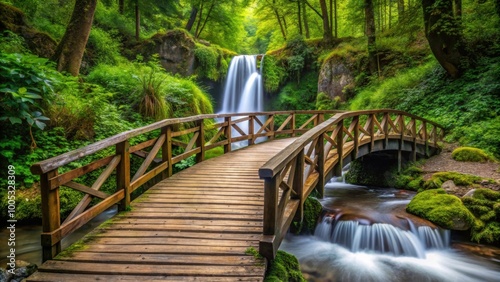 Wooden bridge over stream leading to waterfall, wooden, bridge, stream, water, waterfall, nature, scenic, landscape