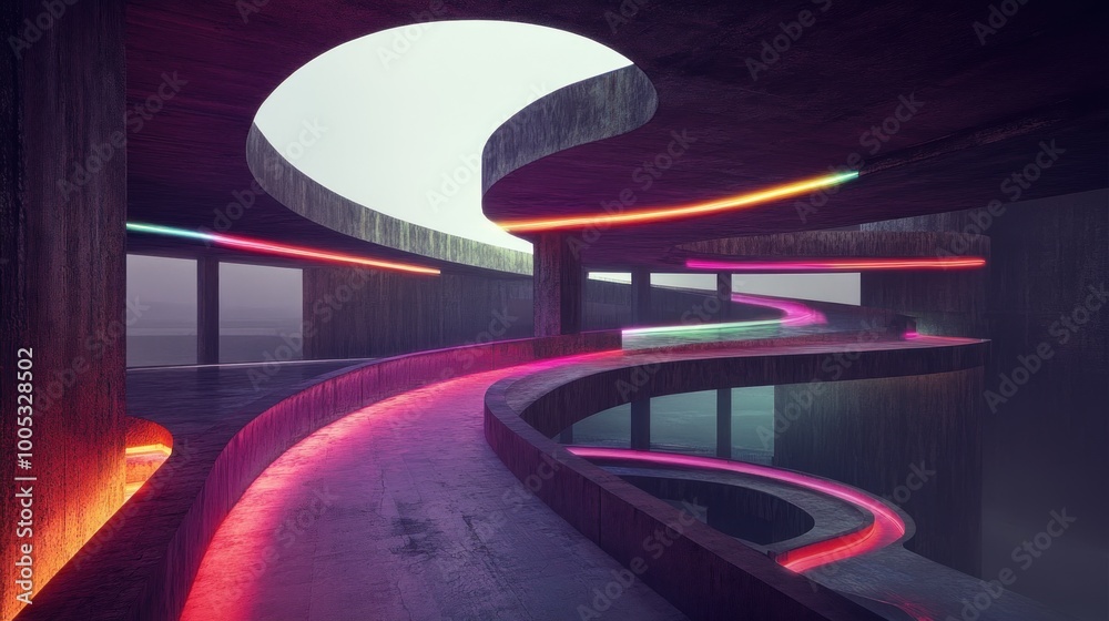 Fototapeta premium A futuristic architectural interior with glowing pathways and abstract forms.