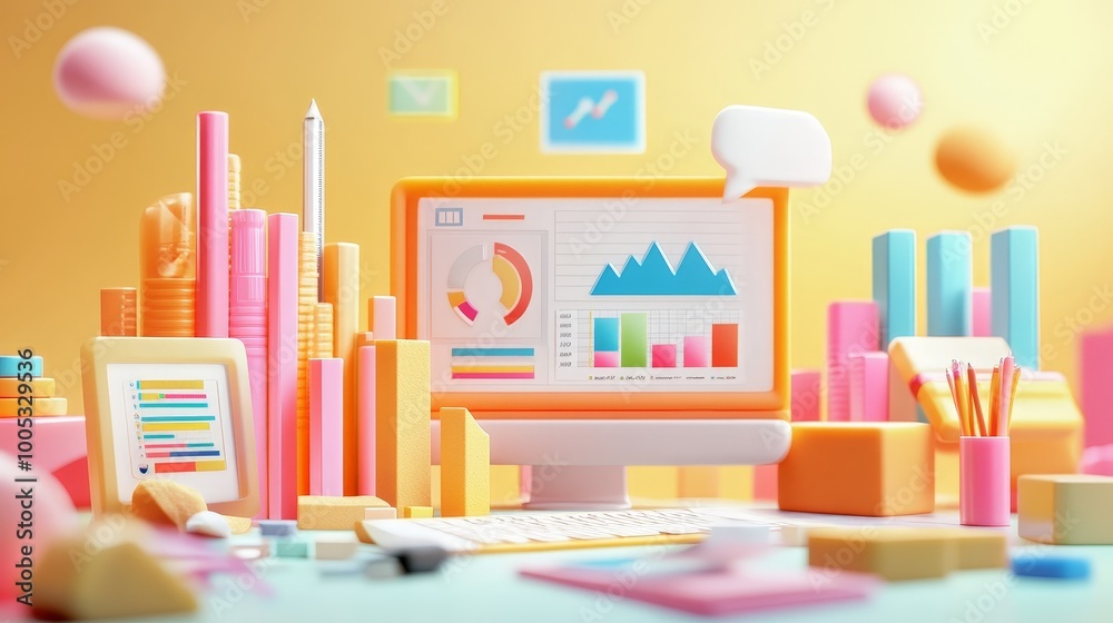 3D render of an SEO optimization scene, including web analytics graphs, SEO tools, and marketing strategies, depicting a data-centric approach to online success 3D render of an SEO optimization scene, including web analytics graphs, SEO tools, and marketing strategies, depicting a data-centric approach to online success