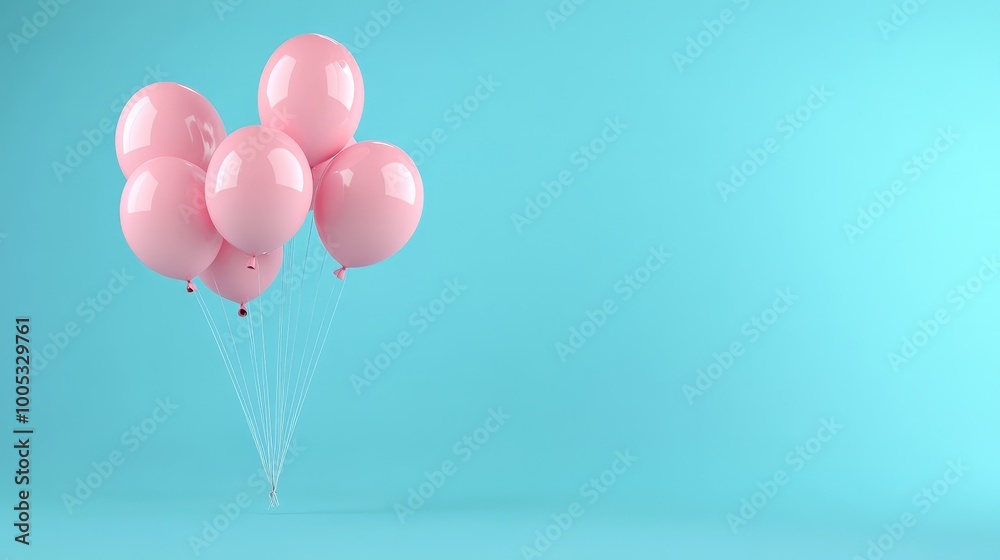 3D render of pink balloons floating on a soft pastel blue background, creating a cheerful and vibrant scene 3D render of pink balloons floating on a soft pastel blue background, creating a cheerful and vibrant scene