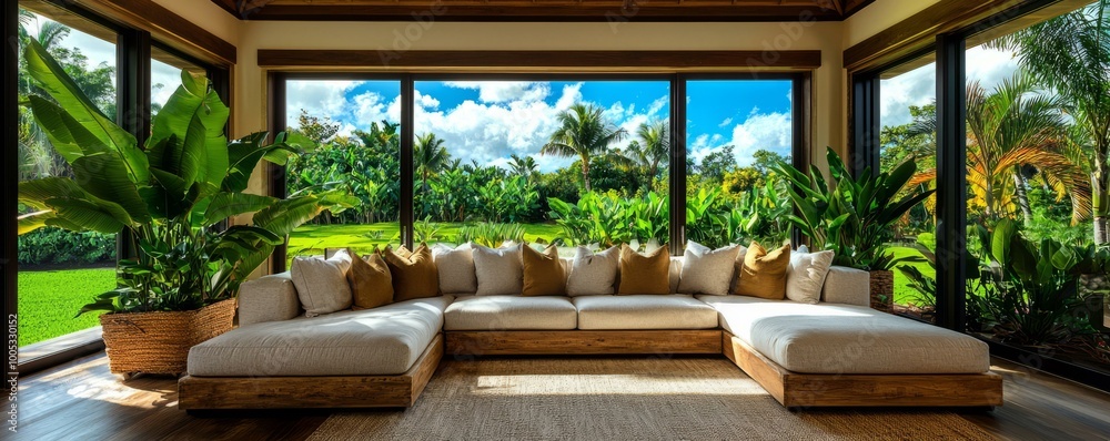Stylish living room with large windows and comfortable seating, surrounded by greenery. Stylish living room with large windows and comfortable seating, surrounded by greenery.