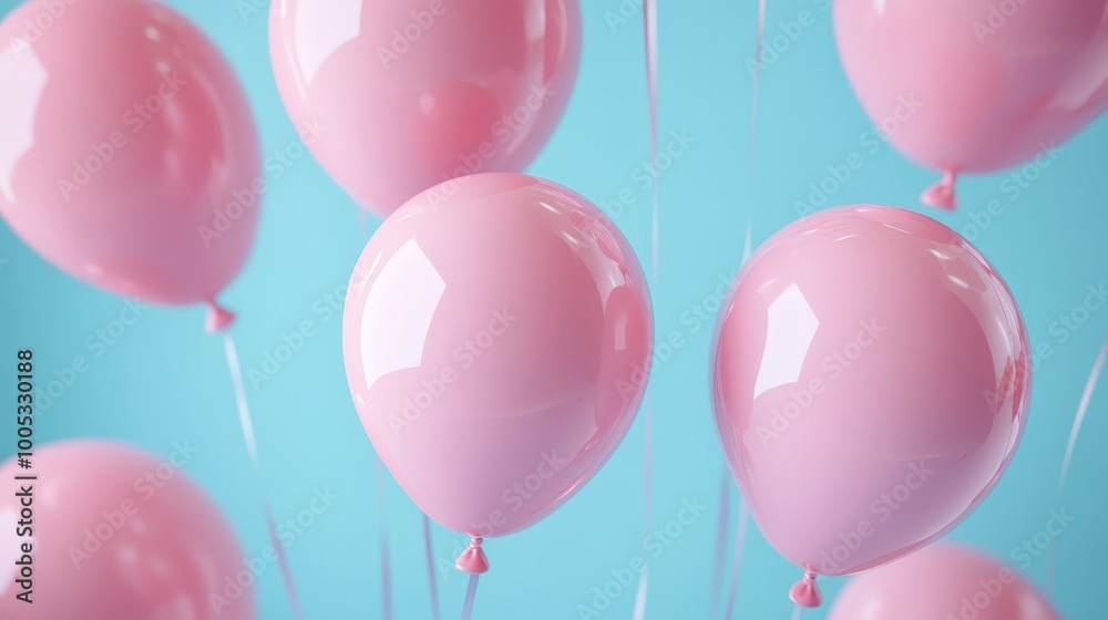 3D render of pink balloons suspended in a pastel blue setting, perfect for a cheerful and celebratory design 3D render of pink balloons suspended in a pastel blue setting, perfect for a cheerful and celebratory design