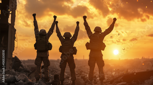 Triumphant soldiers celebrate victory against dramatic sunset backdrop, symbolizing resilience and hope amidst destruction. Their raised fists convey unity and strength. 