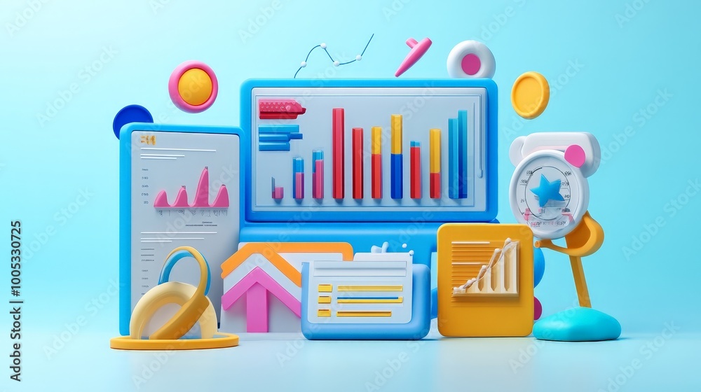 3D render of SEO marketing scene with detailed web analytics dashboards, optimization tools, and performance metrics, 3D render of SEO marketing scene with detailed web analytics dashboards, optimization tools, and performance metrics,