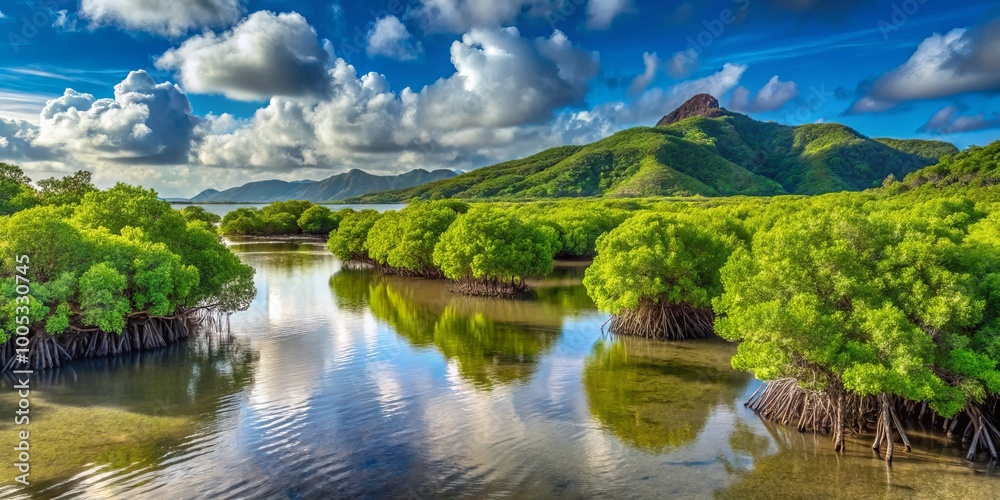 In Fiji's tropical landscape, dynamic mangrove forests thrive within the colorful inter-tidal estuary zone, providing In Fiji's tropical landscape, dynamic mangrove forests thrive within the colorful inter-tidal estuary zone, providing