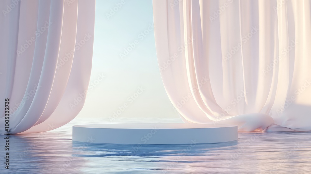 3D render with a floating podium on water, surrounded by waving curtains. Modern pastel background provides a minimalistic and elegant setting for product display 3D render with a floating podium on water, surrounded by waving curtains. Modern pastel background provides a minimalistic and elegant setting for product display