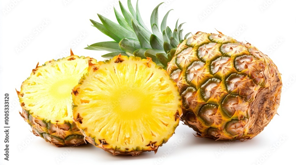 Fresh pineapple with slices isolated on white background Generative AI Fresh pineapple with slices isolated on white background Generative AI