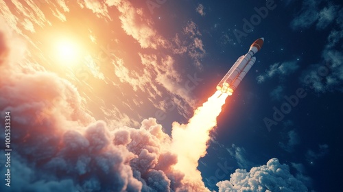 3D visualization of a space rocket launch, featuring a fiery rocket engine, smoke trails, and the rocket rising into the sky