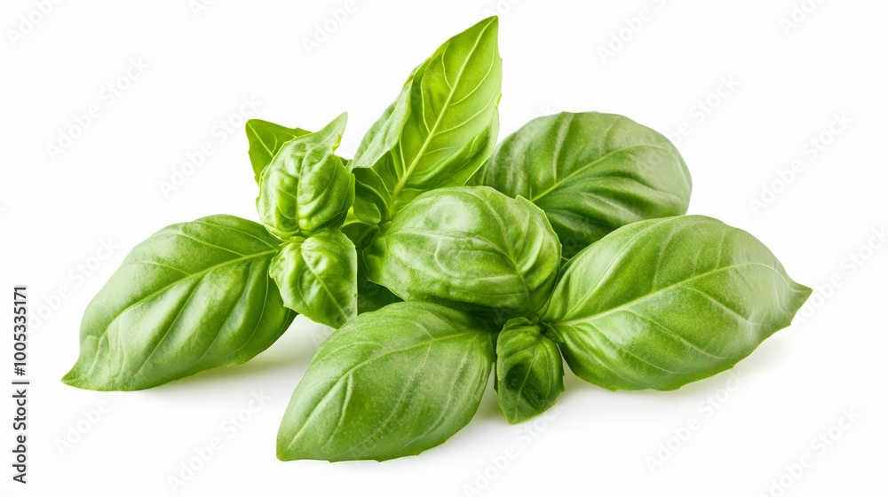 A basil plant with vibrant green leaves on a white background, perfect for emphasizing the fresh and natural look of the herb A basil plant with vibrant green leaves on a white background, perfect for emphasizing the fresh and natural look of the herb