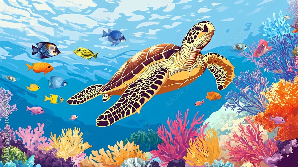 Fototapeta premium Sea turtle swimming in coral reef with colorful fish.