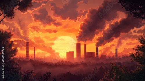 Fiery industrial scene at sunset with billowing smoke, emphasizing environmental devastation
