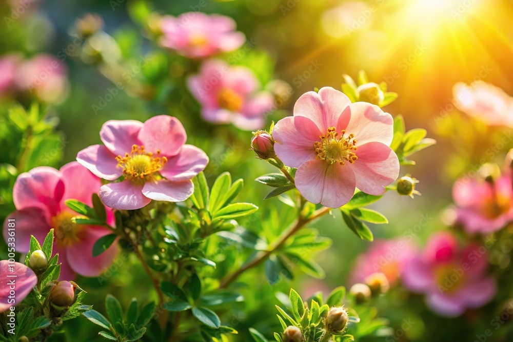 Pink Potentilla fruticosa blooms in sun Bush with green foliage in summer garden Pink Potentilla fruticosa blooms in sun Bush with green foliage in summer garden