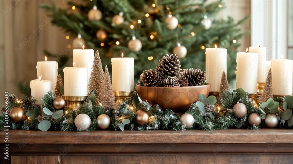 An elegant Christmas mantle decorated with glowing candles, frosted pinecones, and gold ornaments, creating a warm and inviting holiday display in a cozy living room. Video made using Generative AI.