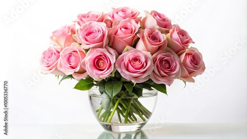 Pink roses bouquet in vase isolated on white background