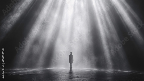 silhouette of woman in fog with light rays - dramatic black and white scene