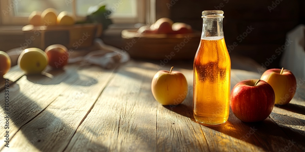 A bottle of apple cider vinegar with apples on a rustic wooden table. A bottle of apple cider vinegar with apples on a rustic wooden table.