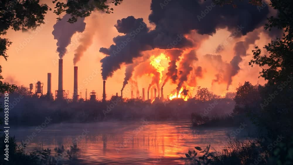 Fiery industrial scene at dusk with thick smoke, symbolizing environmental destruction Fiery industrial scene at dusk with thick smoke, symbolizing environmental destruction