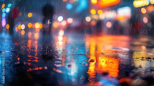 A rainy city scene with vibrant reflections and blurred lights creating a moody atmosphere.