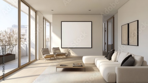 A beautifully designed modern living room showcases a blank poster on the wall, encouraging creative expression