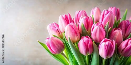 Pink tulips bouquet on plain background Macro