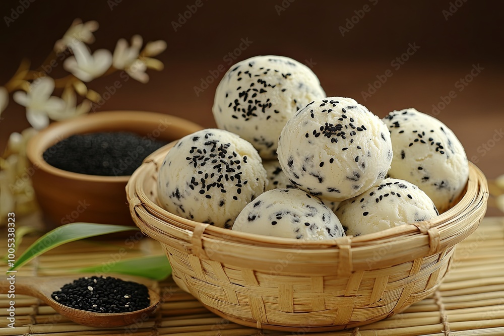 A bowl of white ice cream with black sesame seeds on top. A bowl of white ice cream with black sesame seeds on top.