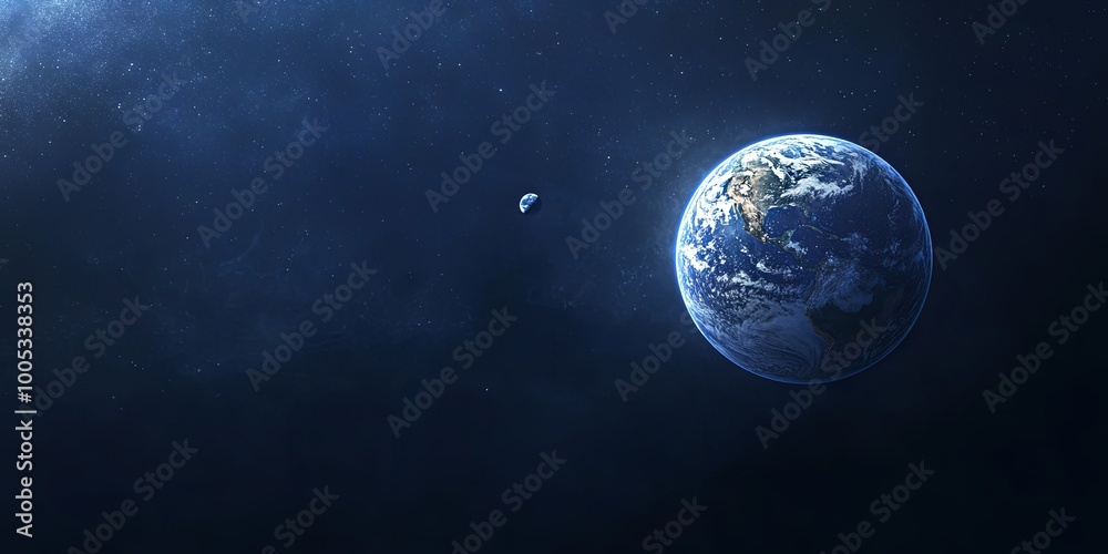 Fototapeta premium A breathtaking view of Earth from space, with a small moon in the distance, showcasing our planet's beauty and fragility.