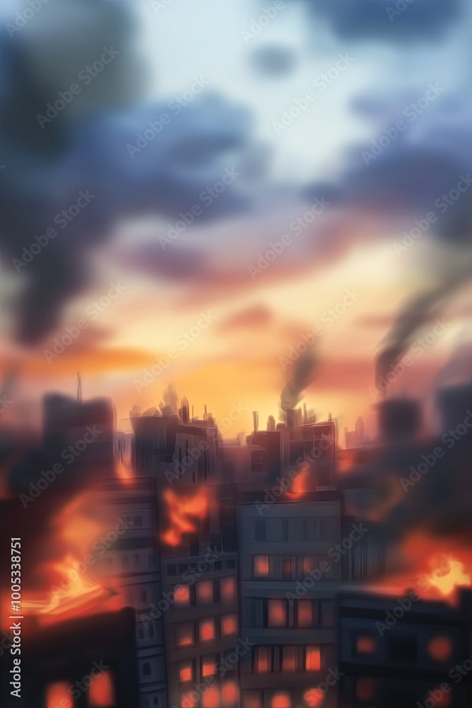 A city engulfed in flames, with smoke billowing into the sky at sunset.