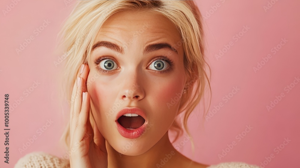 A blonde female with a hand on her cheek, showcasing a look of intense surprise and emotional reaction A blonde female with a hand on her cheek, showcasing a look of intense surprise and emotional reaction