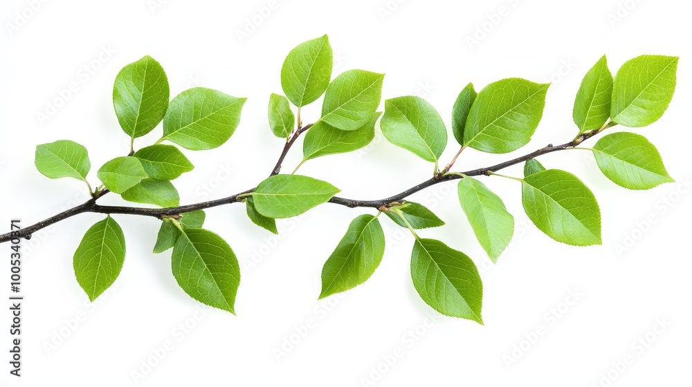A branch with bright green leaves isolated on a white backdrop, highlighting the natural beauty and intricate details of the leaves A branch with bright green leaves isolated on a white backdrop, highlighting the natural beauty and intricate details of the leaves