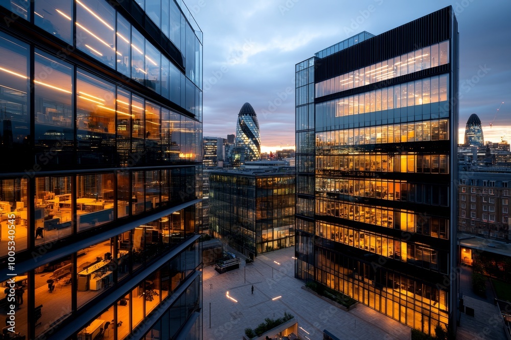 Φωτογραφία An urban metropolis at dawn, where the first light of day reflects off the glass buildings, and the city begins to wake up