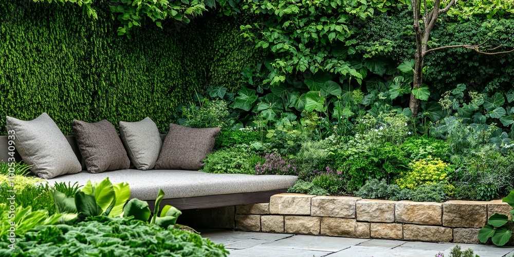 A cushioned bench in a lush, green garden setting with a stone wall and a pathway. A cushioned bench in a lush, green garden setting with a stone wall and a pathway.