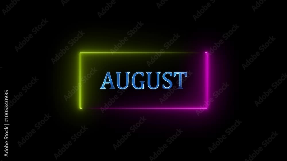 Neon August text icon animation with neon glowing 4k video. rectangle two collar animation and black background . Neon August text icon animation with neon glowing 4k video. rectangle two collar animation and black background .