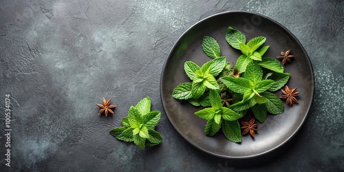 Plate with green leaves, peppermints, and anise on gray surface photo