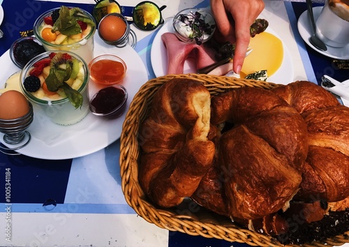 European Brunch Spread with Croissants and Fruit