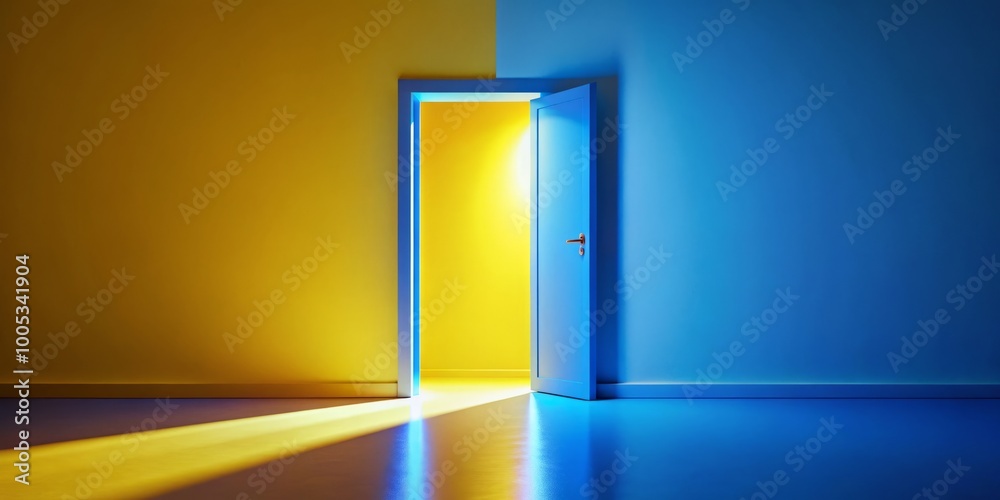 Soft blue illumination floods an empty yellow room through an open door, presenting a captivating 3D vertical video Soft blue illumination floods an empty yellow room through an open door, presenting a captivating 3D vertical video