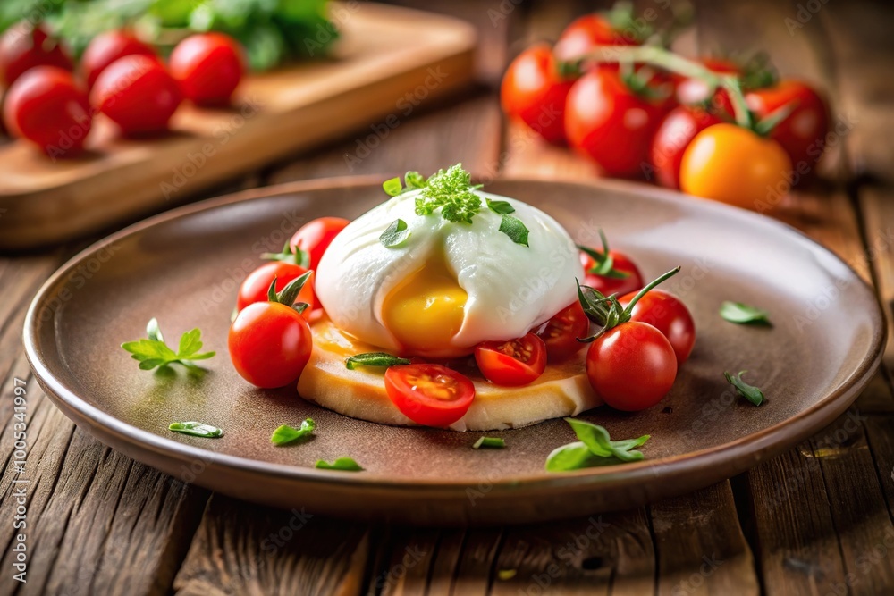poached egg dish on a plate with tomatoes and soft egg poached egg dish on a plate with tomatoes and soft egg