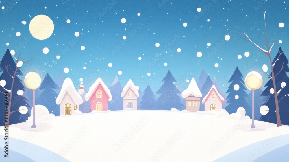 Snow covered village with twinkling lights under a clear night sky, magical winter background Snow covered village with twinkling lights under a clear night sky, magical winter background